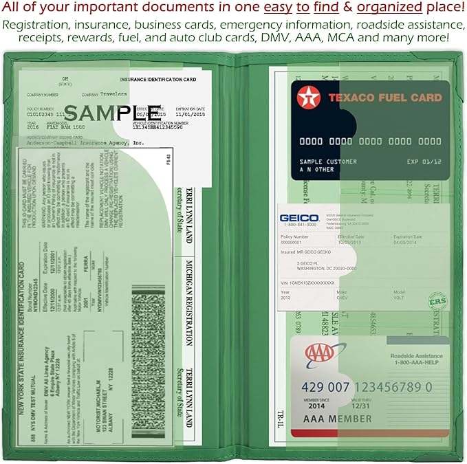 Auto Insurance and Registration Card Holder - Vehicle Glove Box Document Organizer - Car Essential Paperwork Holder for DMV, AAA, Contact Information Cards - Premium PU Leather Wallet Case - Green