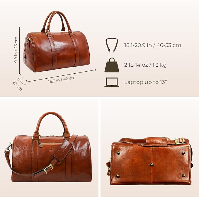 Full Grain Leather Small Duffel Bag Gym Bag Weekender Overnight Unisex Brown - Time Resistance