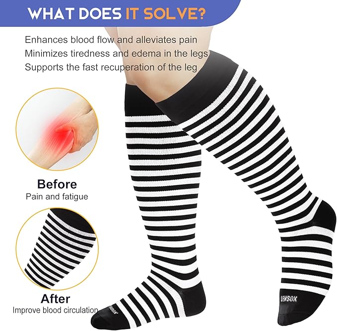 LEVSOX Plus Size Compression Socks for Women Men Wide Calf Extra Large 15-20 mmHg Knee High Sock for Nurses Pregnant Travel