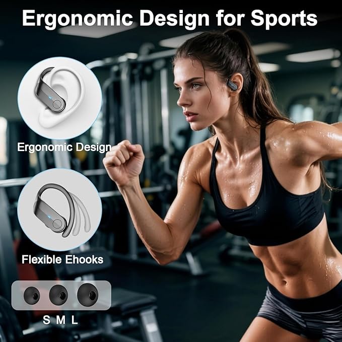 Wireless Earbuds, Sports Bluetooth 5.4 Headphones IPX8 Waterproof, 70H Over Ear Buds with Deep Bass Sound,4 ENC Noise Cancelling Mics, USB-C Fast Charging Earphones with Earhooks for Workout/Running