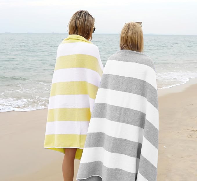 CLOWOOD Plush Oversized Beach Towel - Cotton 40 x 70 Inch Large Thick Yellow Striped Cabana Pool Swimming Towel
