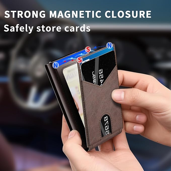 KISUEDZP Wallet for Men Slim RFID Blocking-Metal Smart Pop-Up Credit Card Holder with 2 ID Windows, Holds 8-10 Cards,Bifold Minimalist Front Pocket Wallet & Money Clip,Men's accessories (Coffee)