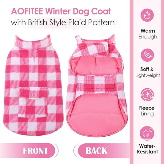 AOFITEE Dog Coat Plaid Dog Winter Coat for Small Dogs, Warm Dogs Jacket Christmas Sweater, Waterproof Pet Puffer Jacket, Reversible Pet Cold Weather Coats for Small Medium Large Pets, Pink M