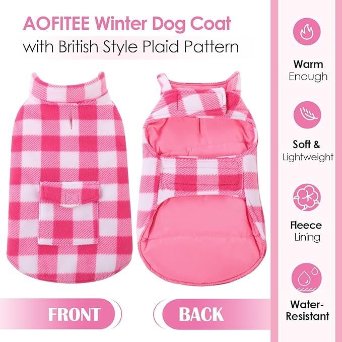 AOFITEE Dog Coat Plaid Dog Winter Coat for Small Dogs, Warm Dogs Jacket Christmas Sweater, Waterproof Pet Puffer Jacket, Reversible Pet Cold Weather Coats for Small Medium Large Pets, Pink L