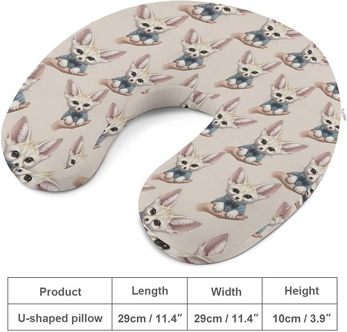 Soft Memory Foam Travel Pillow Chin Support Cute Fennec Fox, Removable Washable Cover for Airplane Car Home Office Nap