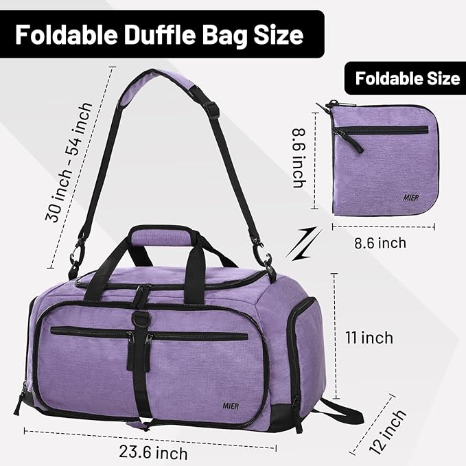 MIER Foldable Duffle Bag with Shoe Compartment 50L Travel Duffel Bags for Men Women Packable Overnight Bag for Camping Gym Weekender, Purple