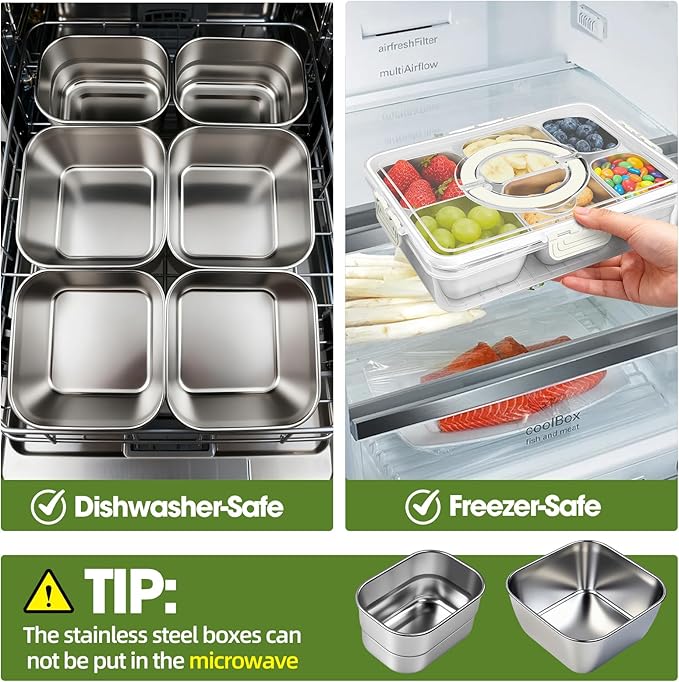 Snackle Box Container, Divided Serving Tray with Lid and Handle, Portable Snack Box with 304 Stainless Steel Container, 6 Compartments Snak Platter for Veggie, Fruit, Perfect for Party Picnic Office