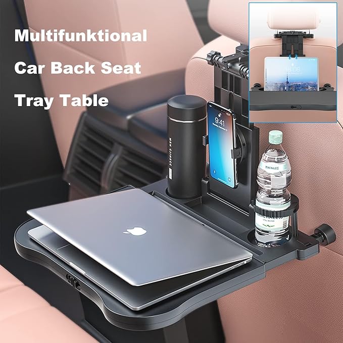 Car Back Seat Tray Table - Stable Foldable Auto Backseat Food Trays Desk for Rear Passenger Road Trip Eating & Work, Multifunctional Adjustable Travel Tray with Phone Drink Holder for Laptop iPad