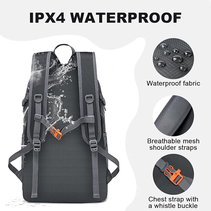MIYCOO Backpack - Ultra Lightweight Packable Backpack for Travel Camping, 45L Hiking Back Pack Waterproof Foldable Daypack for Men Women Grey