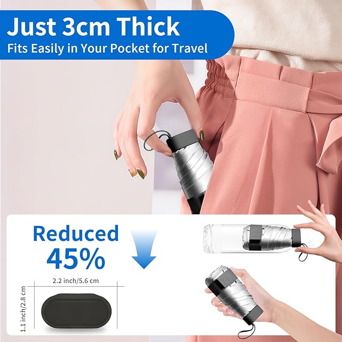 Compact Mini Windproof Travel Umbrella-UPF 50+ Sun & Rain Protection, Small Folding Design Fits in Pocket or Purse, Lightweight Portable with Case for Women, Men & Kids