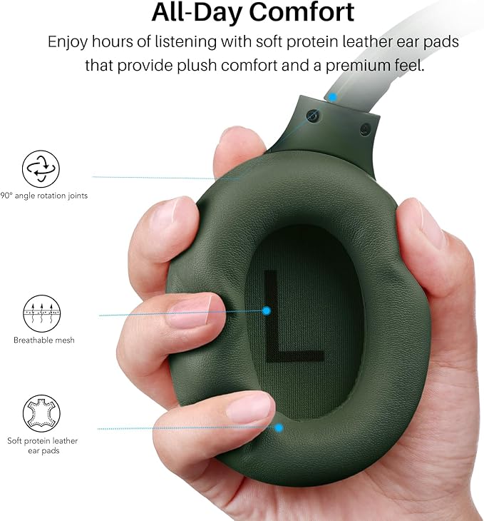 TOZO HT3 Hybrid Noise Cancelling Headphones, 90H Playtime Wireless Over Ear Bluetooth Headset, Spatial Audio AI Chat with 5 Mics, Supports Dual Connection and USB-C Input, with 32 EQ Music Modes
