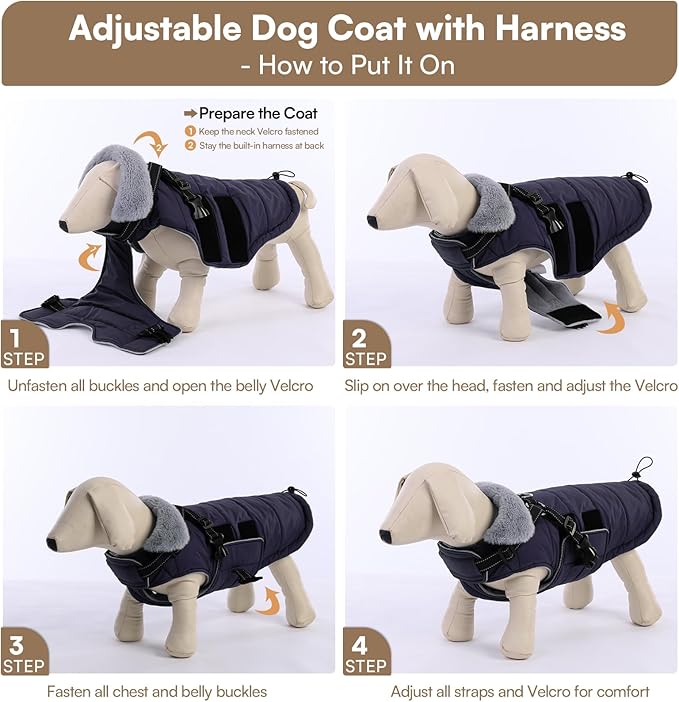 Queenmore Winter Dog Jackets for Large Dogs XXL, Waterproof Winter Coat for Extra Large Pitbull Danes, Warm Puffer Snow Jacket for Cold Weather - Fleece Lining Hook & Loop Closure Reflective, Navy