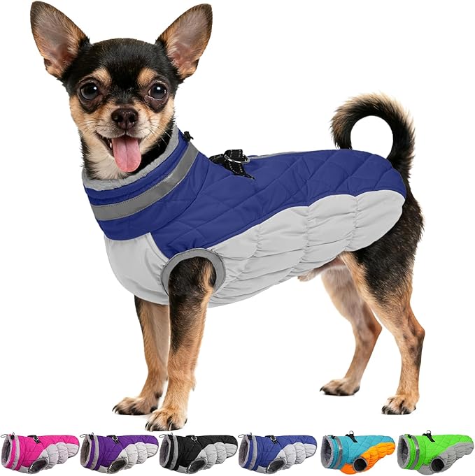 OUOBOB Dog Coats for Small Dogs, Puppy Coat, Warm Winter Jacket, XS Dog Coat with Harness Built in, Waterproof Pet Cold Weather Coats, Puppy Winter Clothes Snowsuit Chihuahua Maltese,Blue,XS
