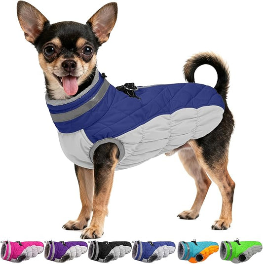 OUOBOB Dog Coats for Small Dogs, Puppy Coat, Warm Winter Jacket, XS Dog Coat with Harness Built in, Waterproof Pet Cold Weather Coats, Puppy Winter Clothes Snowsuit Chihuahua Maltese,Blue,XS