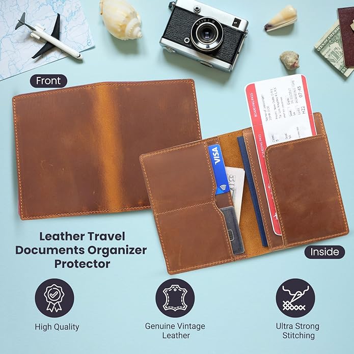 Retro Travel Genuine Leather Passport Holder with Folding Wallet Design