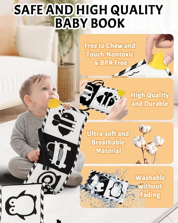 Baobrava High Contrast Baby Toys, Black and White Newborn Toys for Brain Development, Soft Baby Books, Infant Sensory 0-6-12 Months, Tummy Time Toy, Visual Stimulation Montessori Gift