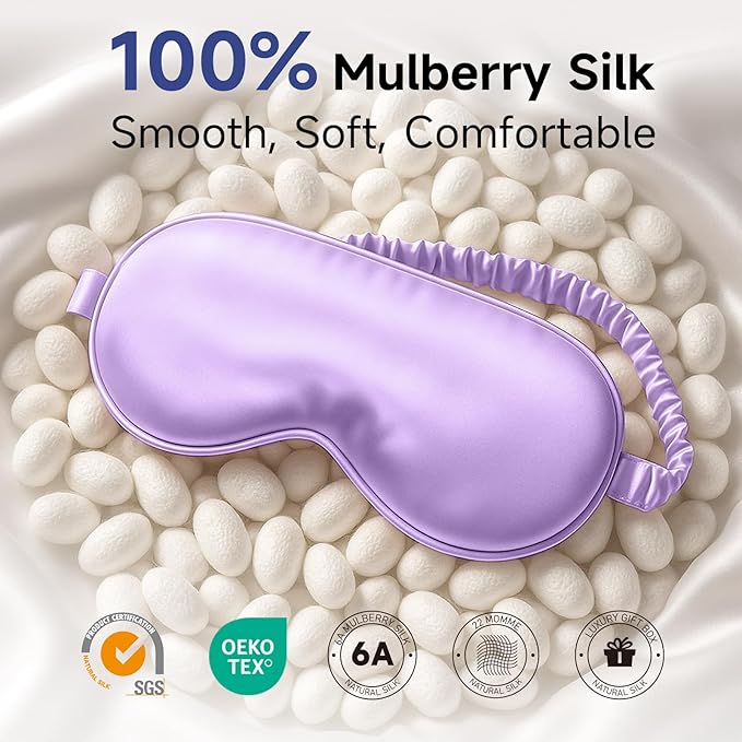 Umisleep 100% Pure Mulberry Silk Sleep Mask, 22 Momme 6A Soft & Smooth Fibers, Breathable Eye Mask for Women & Men, Better Light Blocking Sleeping Mask with Travel Pouch, Adjustable Blindfold, Purple