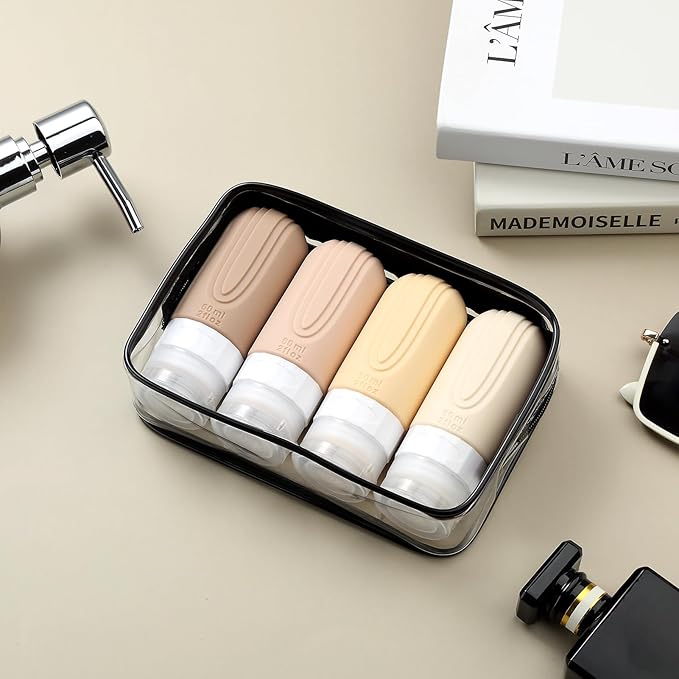 Travel Bottles for Toiletries, Tsa Approved 2oz Travel size Bottles, BPA Free Leak Proof Travels Toiletry Containers, Traveler Accessories with Toiletry Bag for Shampoo Liquid (4 Pack)