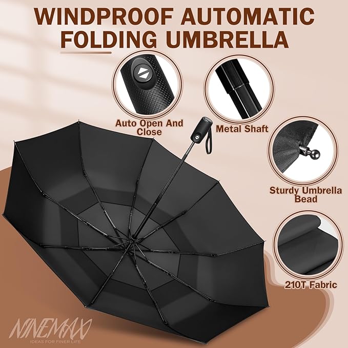 NINEMAX Windproof Travel Umbrella for Rain, Automatic Umbrellas Double Canopy Vented Compact for Men Women(Black)