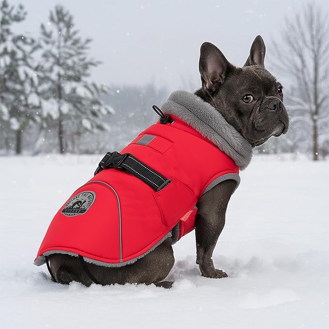 KYEESE Waterproof Dog Coat, Warm Windproof Jacket, Turtleneck Winter Dog Coats for Small Dogs with Leash Hole, Reflective Pet Clothes & Outdoor Apparel, Thick Fleece-Lined Winter Jacket, Red, Large