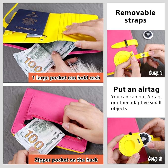 Deziliao Passport wallets, Mulit-purpose RFID Blocking Passport Holder AirTag Wallet, Travel Wallet（Pink）