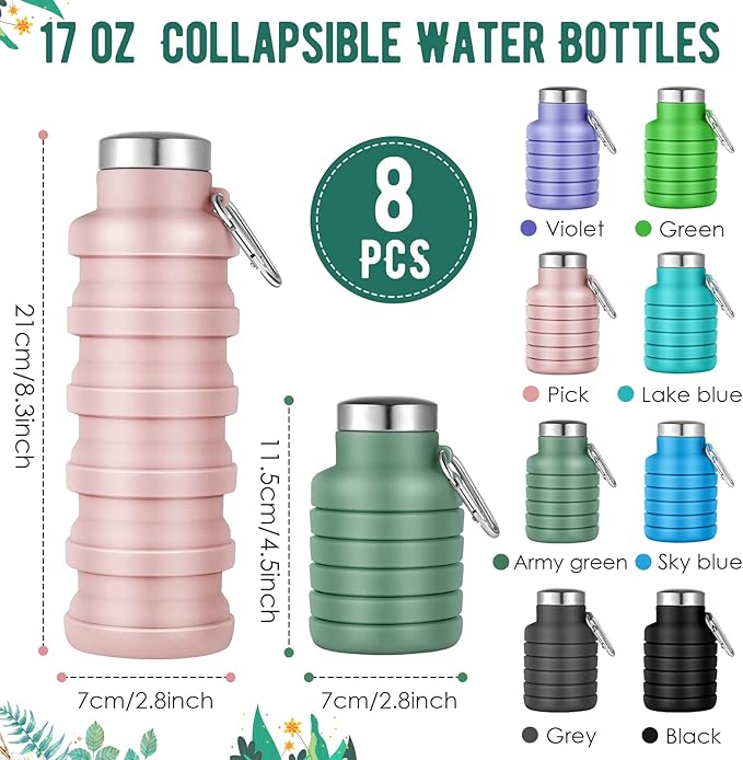 Lallisa 8 Pcs Collapsible Water Bottles Bulk Reusable Silicone Foldable Water Bottles 17 oz Portable Lightweight Sports Bottle with Carabiner for Gym Hiking Camping Travel(Fresh Colors)
