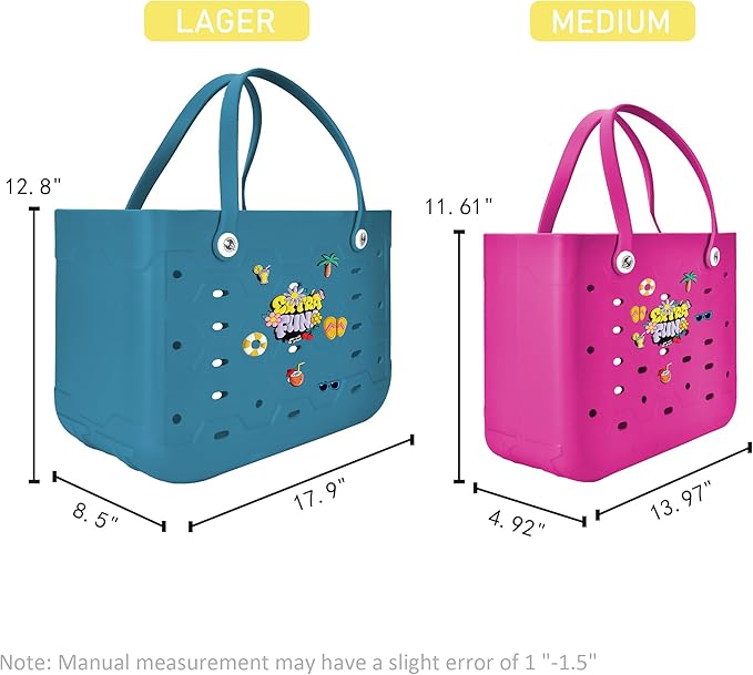 2-Piece Tote Bag Set, Waterproof Rubber Beach Bag with Summer Pattern, Medium & Large Handbag for Pool, Beach, Boat