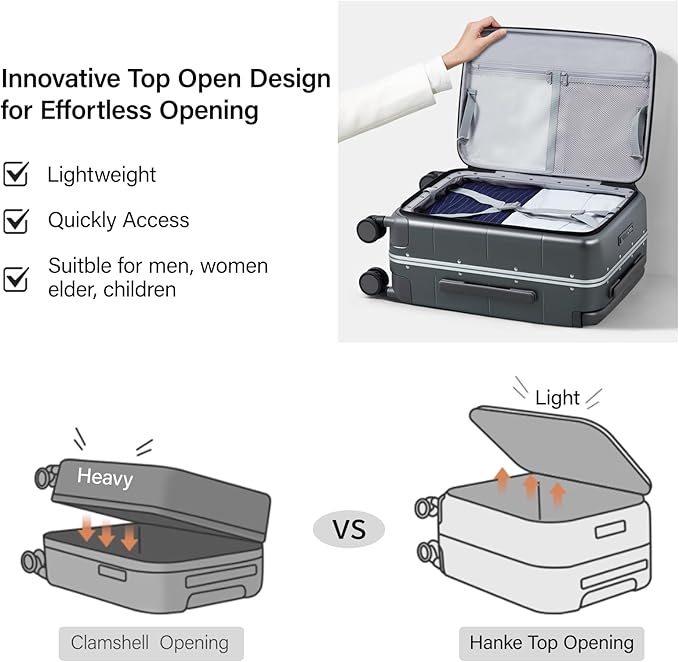 Hanke Top Opening 24 Inch Luggage with Spinner Wheels, Aluminum Frame All-PC Hard Shell Medium Suitcase, Zipperless Trunk Wide Handle Luggage, TSA Checked-Medium(Graphite Grey, 69L)