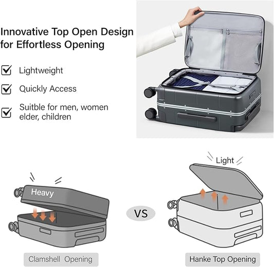 Hanke Top Opening 24 Inch Luggage with Spinner Wheels, Aluminum Frame All-PC Hard Shell Medium Suitcase, Zipperless Trunk Wide Handle Luggage, TSA Checked-Medium(Graphite Grey, 69L)