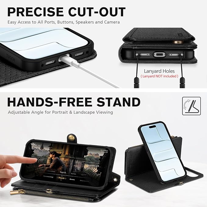 TUCCH Removable Crossbody Case Wallet for iPhone Air 2025, 9 Card Slot RFID Blocking, Stand, Lanyard, Wrist Strap, Wireless Charging, Zipper Pocket, PU Leather, Magnetic Flip Cover, Textured Black