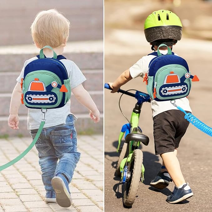 Accmor Toddler Leash Backpack, Cute Excavator Child Bag Harness with Anti Lost Wrist Link, Kid Walking Back Pack Mini Rucksack with Restraints Hand Strap Tether for Baby Boys Outdoor Traveling