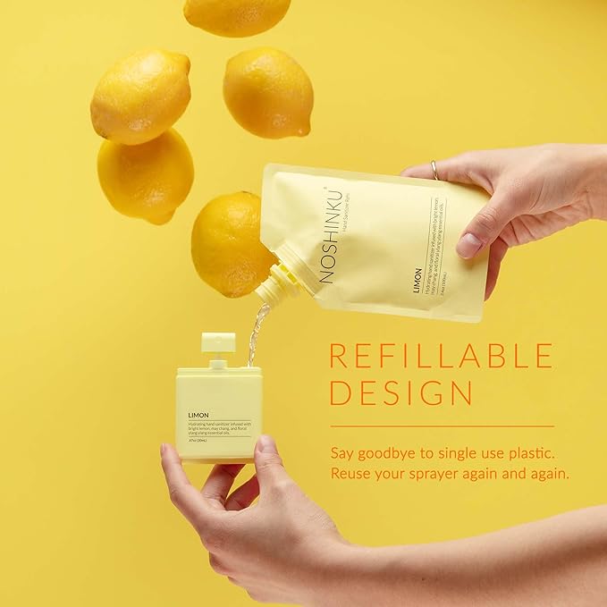 Noshinku - Refillable Hand Sanitizer Limon 3-Pack, Travel Size Spray with Hydrating Botanical Oils, Natural Ingredients, All Natural Fragrances, Sugarcane Derived Alcohol, No Parabens, No Dyes