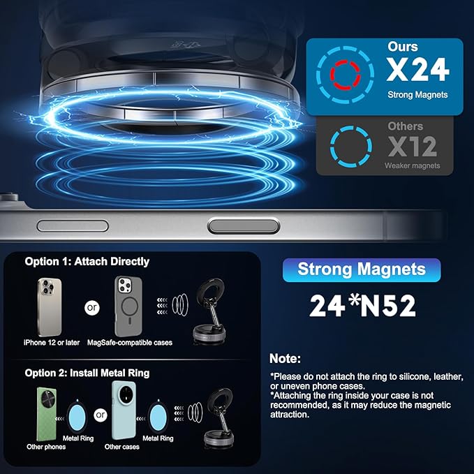 Vacuum Magnetic Suction Phone Holder, Foldable and Retractable Hands-Free Suction Cup Phone Mount for Car/Gym/Mirror/Smooth Surface, Compatible with iPhone and Android (Space Grey)