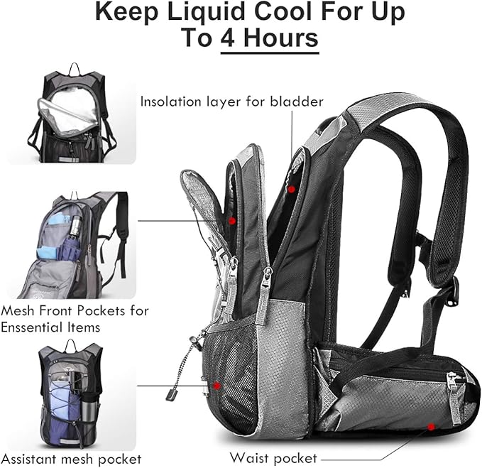 Hydration Pack, Insulated Hydration Backpack with 2L BPA Free Water Bladder and Storage, Hiking Backpack for Men, Women, Kids for Running, Cycling, Camping - Keep Liquid Cool up to 5 Hours