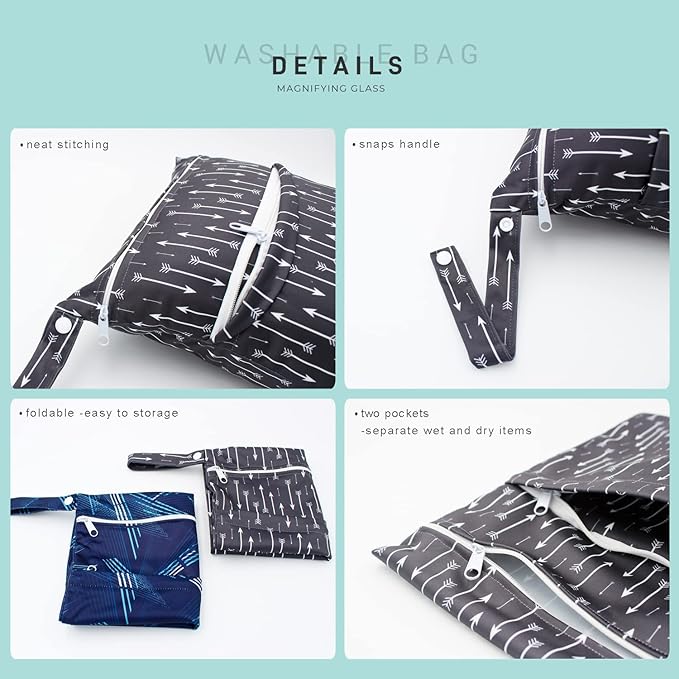 Wet Dry Bag Waterproof Reusable Wet Bag for Swimsuit, Travel, Beach, Pool, Bathing, Diapers, Dirty Yoga Gym Clothes Toiletries Daycare Organizer with Two Zippered Pockets (arrow line)