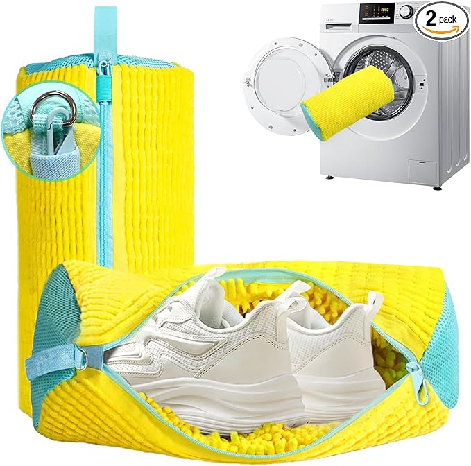 Shoe Washing Machine Bag 2 Pack, 360°Deep Clean Durable Shoes Laundry Bag for Washer and Dryer, Reusable Shoe Cleaner Bags, Sneaker Washing Machine Bag, Yellow