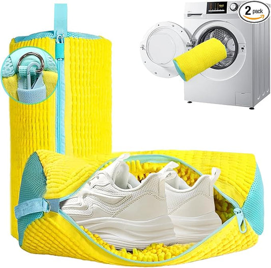 Shoe Washing Machine Bag 2 Pack, 360°Deep Clean Durable Shoes Laundry Bag for Washer and Dryer, Reusable Shoe Cleaner Bags, Sneaker Washing Machine Bag, Yellow