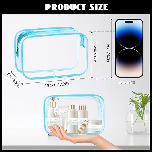 16 Pieces Clear Cosmetic Bags, PVC Clear Pouch with Zipper TSA Approved Toiletry Bag for Travelling, Waterproof Transparent Travel Makeup Cosmetic Organizer Case for Men and Women (Blue-M)