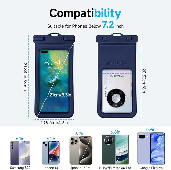Waterproof Phone Case Pouch for iPhone & Samsung up to 7.2" - Swimming Beach Cruise Essentials, Touchscreen Compatible Dry Bag for Swimming, Beach, Boating (Navy Blue)
