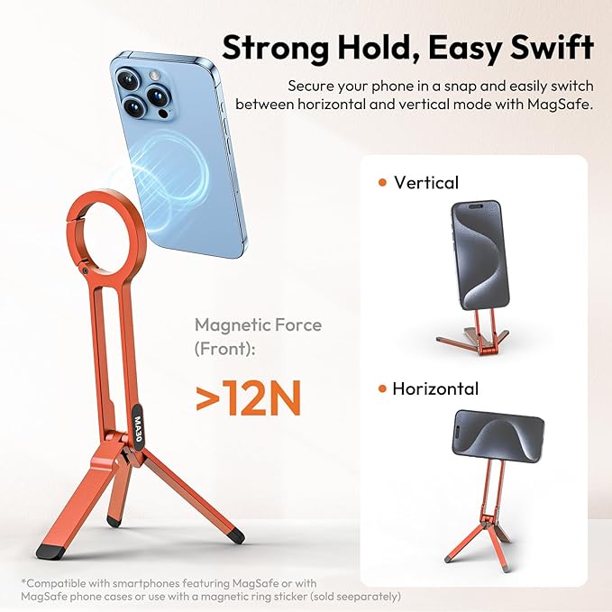 ULANZI MA30 Magnetic Phone Tripod Stand for iPhone - Aluminium Maglock Smartphone Mini Tripod Pocket Cell Phone Stand Strong Magnet Quick Mount Compatible with iPhone 17 16 15 14 13 12 Series, Orange