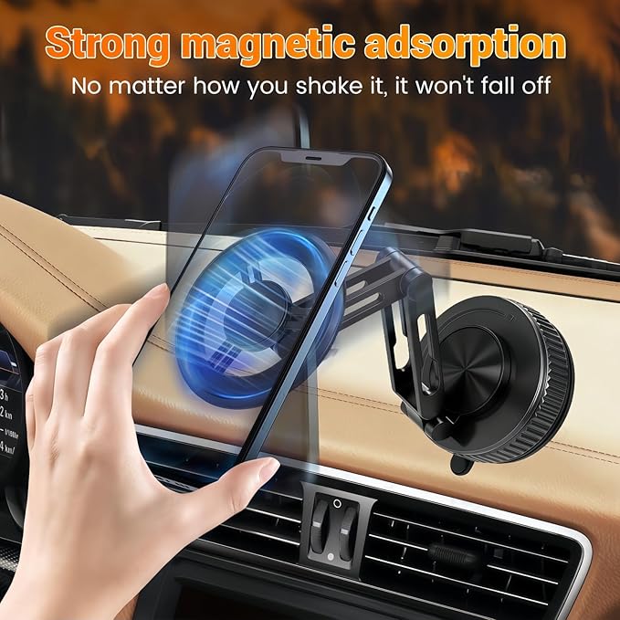 Extended Long Metal Arm Magnetic Car Phone Mount with Strongest Suction Cup, 360° Adjustable Universal Dashboard Windshield Holder for All iPhone Android Cell Phones, Heavy Duty for Car Truck SUV