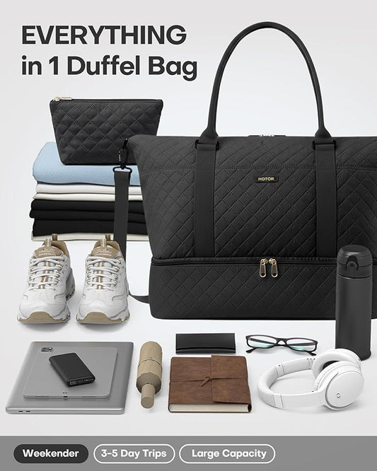HOTOR Travel Duffel Bag - Weekender Bags for Women, Carry On Overnight Bag with Shoe Compartment, with Toiletry Bag for Travel Essentials and Travel Accessories, Black, 13.4"×17.3"×7.9"