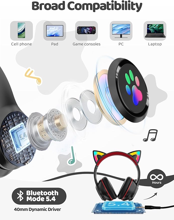 MIDOLA Kids Headphones Cat Ear Wireless Bluetooth 5.3 60H Over Ear, 8H with Led Light Foldable Headset with Aux 3.5mm Mic for Travel Pad Tablet Black