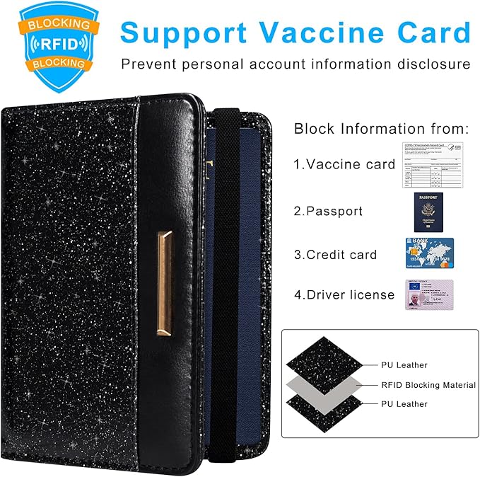 Caweet Passport Holder and Vaccine Card holder Combo RFID Blocking Leather Vaccination Card Wallet with Elastic Band Closure, Glitter Black