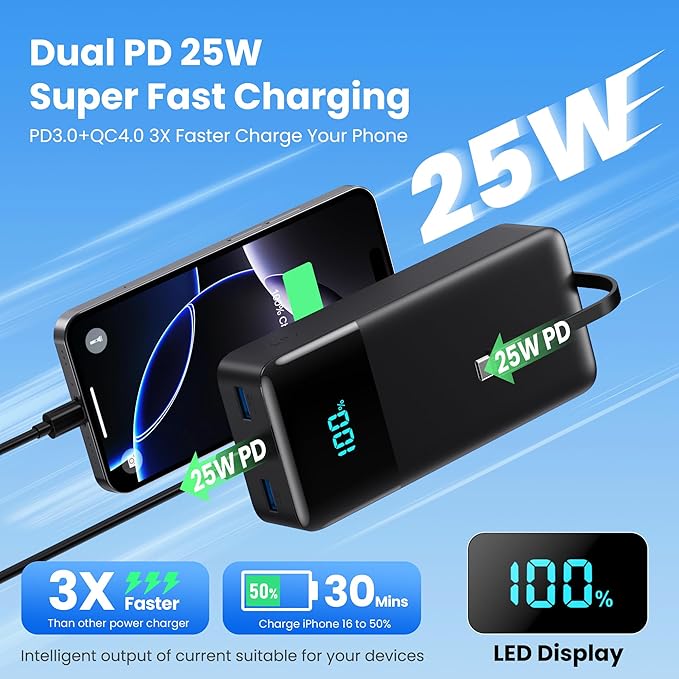 Portable Charger 50800mAh Power Bank with 3 Built-in Cable,25W PD USB C Power Bank Fast Phone Charging,QC4.0 LED Display Travel Outdoor Portable Battery Pack for iPhone 17/16/15, Galaxy Android-Black