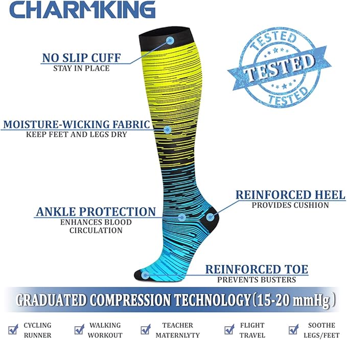 CHARMKING Compression Socks for Women & Men Circulation (8 Pairs) 15-20 mmHg is Best Support for Athletic Running,Cycling