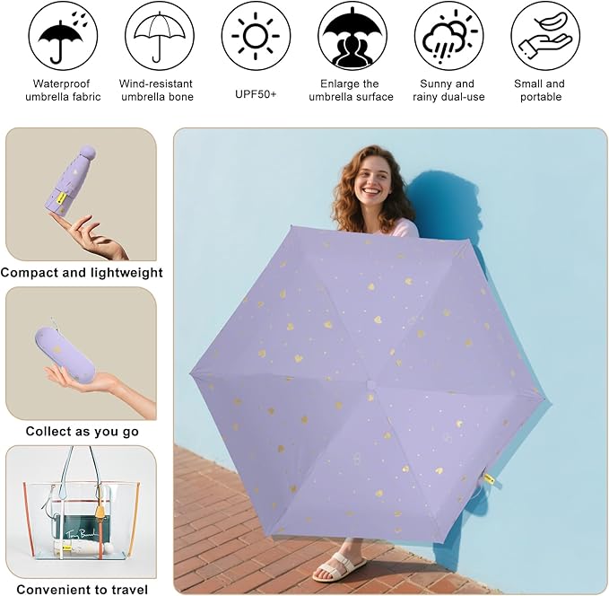 Compact Travel Umbrella - Mini Manual Umbrella for Purse, Windproof & UPF 50+ Sun & Rain Protection, Lightweight Portable Folding with Case for Women, Men，Kids