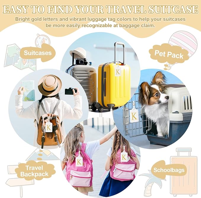 Personalized Initial Luggage Tags for Suitcase TSA Approved, White Leather Cute Luggage Tag with Privacy Cover Name Card, Embroidered Custom Luggage Tags Travel Baggage Tags Gifts for Women Kids(K)