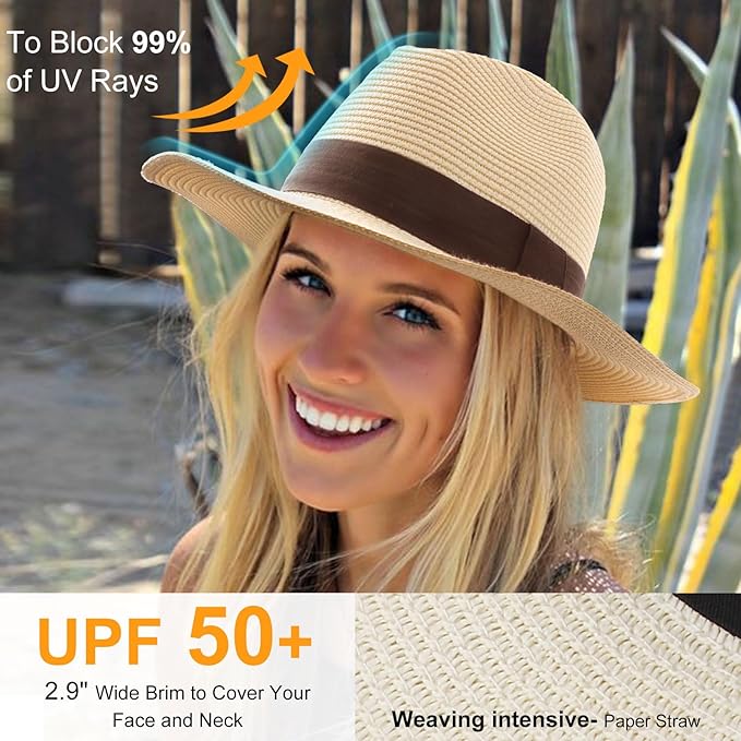 DRESHOW Women Straw Panama Hat Travel Fedora Beach Sun Hat Summer Wide Brim Straw Roll up Hat UPF 50+