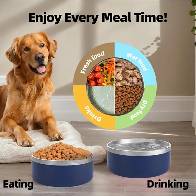 Dog Bowls Medium Sized Dogs-Large Breed 1.9l/64oz Double Layer Stainless Steel Outdoor Dog Water Bowl,Puppy Insulated Food Bowl,with Non-Slip Bottom and 1pc 8oz Food Scoop (Blue, 64 oz)
